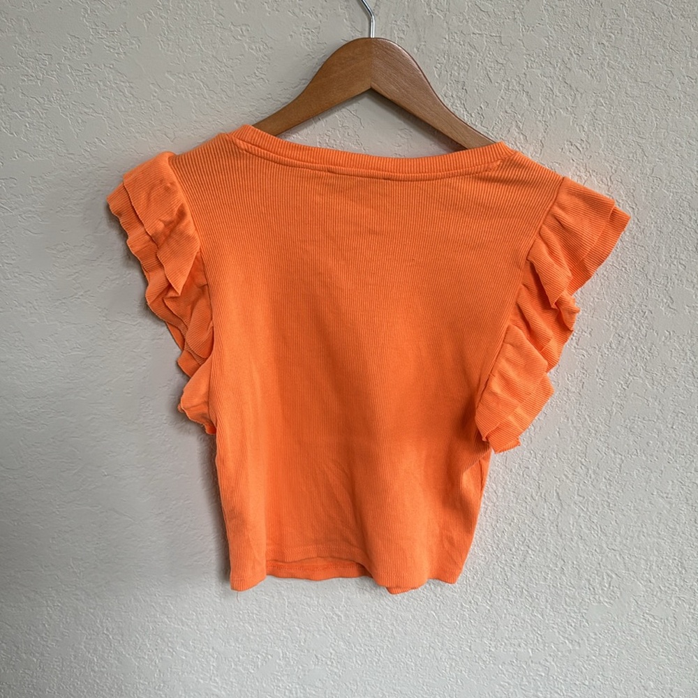 Zara Orange Ribbed Ruffle Sleeve Cropped Top - Picture 7 of 7
